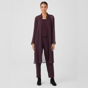 Eileen Fisher Crinkled Sheer Silk Collar Jacket/ Duster in Cassis | Size M
